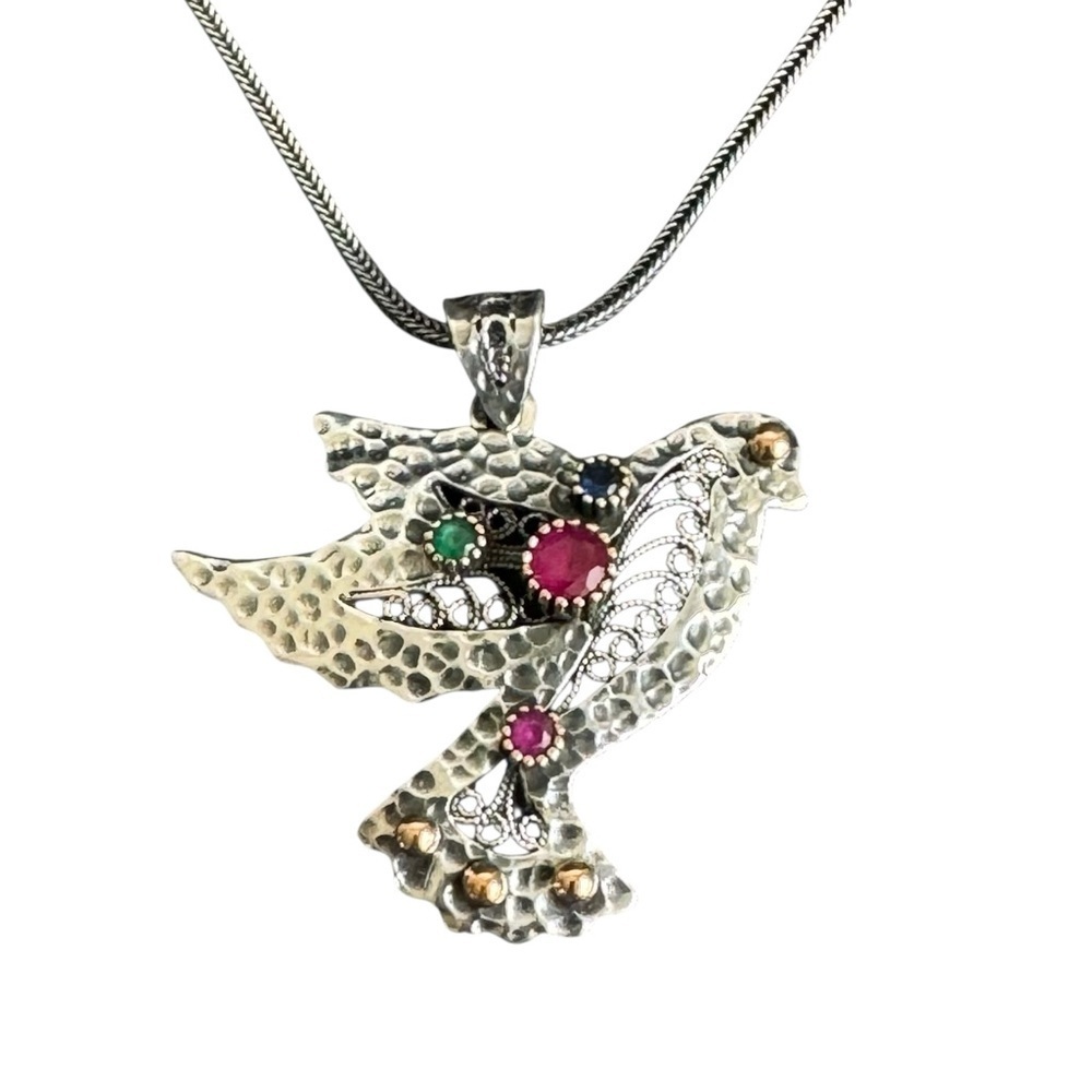 Vintage Sterling Silver Bird‎ Necklace Filigree Gemstone Pendant DGS Turkey 925